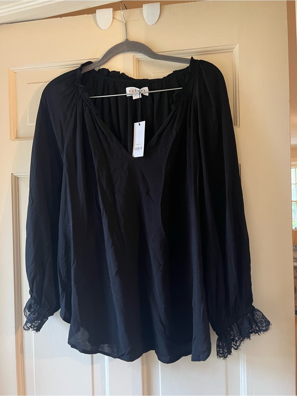 Velvet by Graham & Spencer Black Lace-Trim Peasant Top